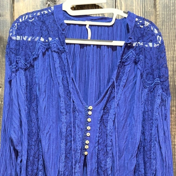 Free People Top M Georgia Lace Tunic Peasant Button Front Semi Sheer Navy Blue - Picture 3 of 13